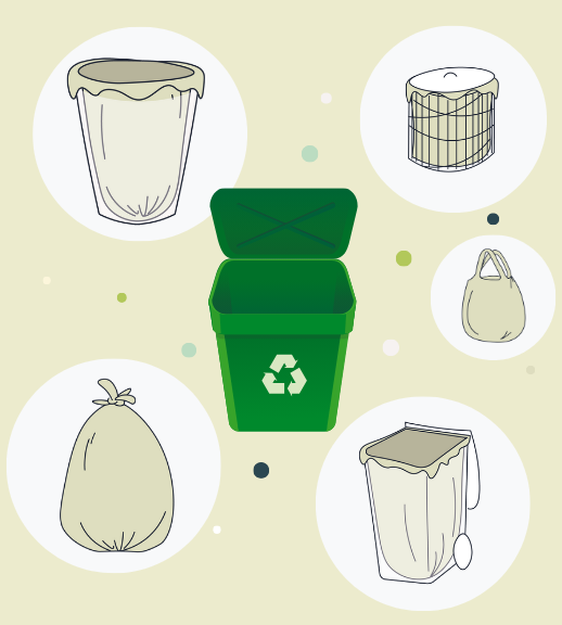 "Illustration of eco-friendly waste sorting products floating around a waste container."