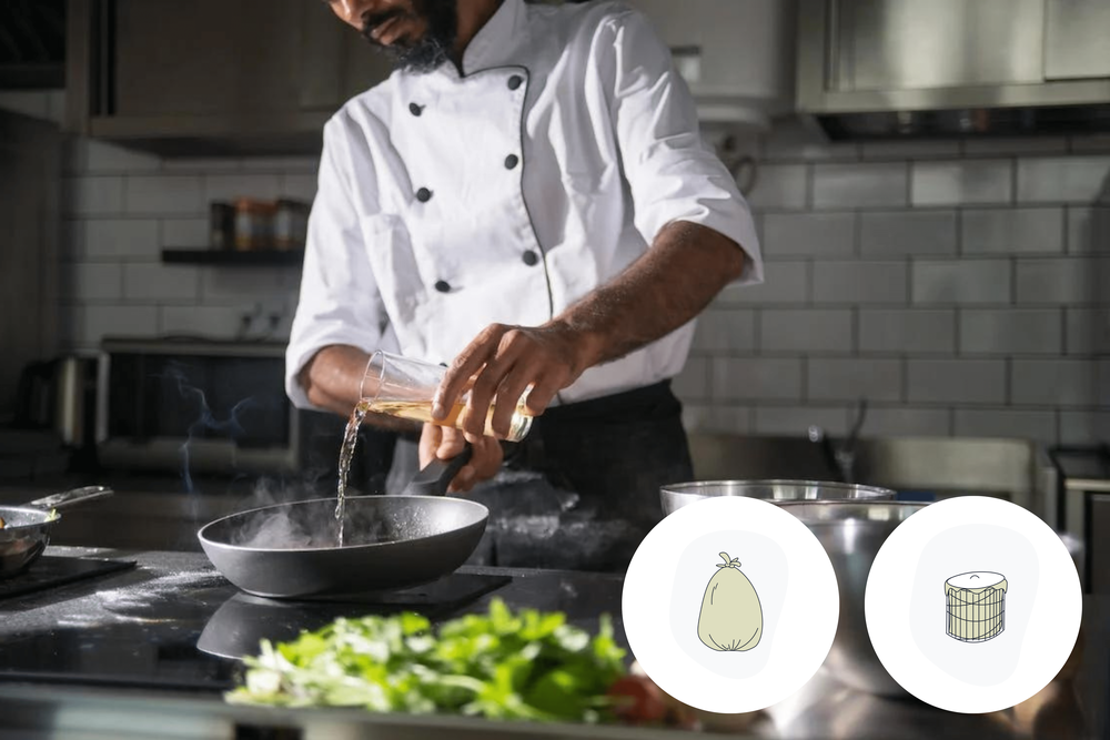 Image of a chef cooking in the kitchen with vegetables in the foreground.