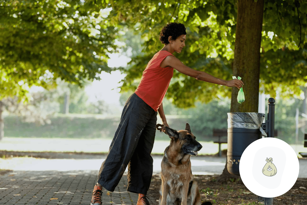 Person with her dog throwing away a bag of dog poop into a garbage bin.